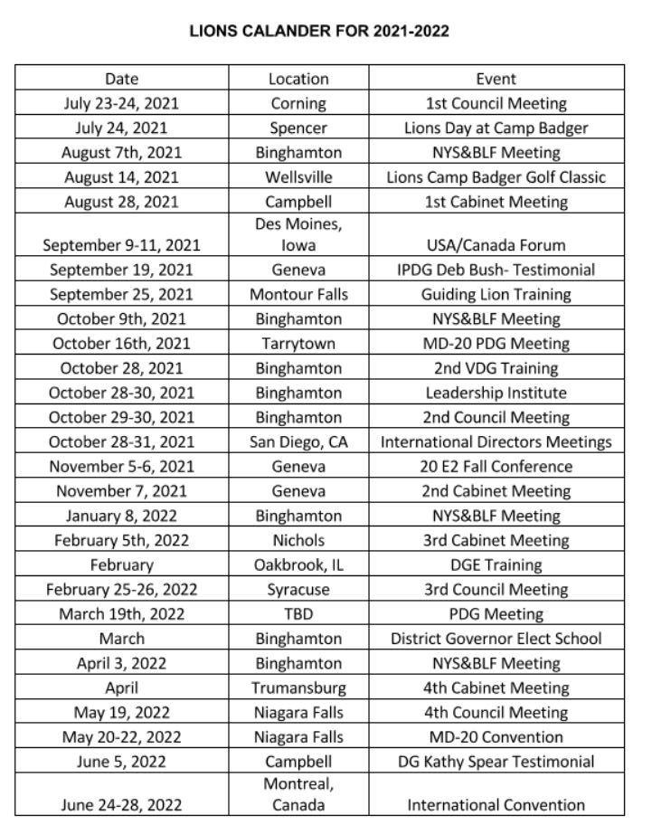 Syracuse Fall 2022 Calendar Lions District 20-E2 Calendar 2019-2020